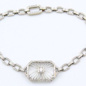 Antique Art Deco Platinum Diamond 14K Gold Frosted Rock Quartz Crystal Bracelet
